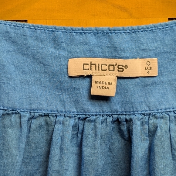 Chico's Peasant Blouse Tassel Sz 0 = Small Square Neck 3/4 Sleeve Top Blue Boho - Picture 6 of 10